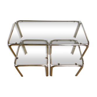 Table basse et tables d’appoint, chrome et verre fumé