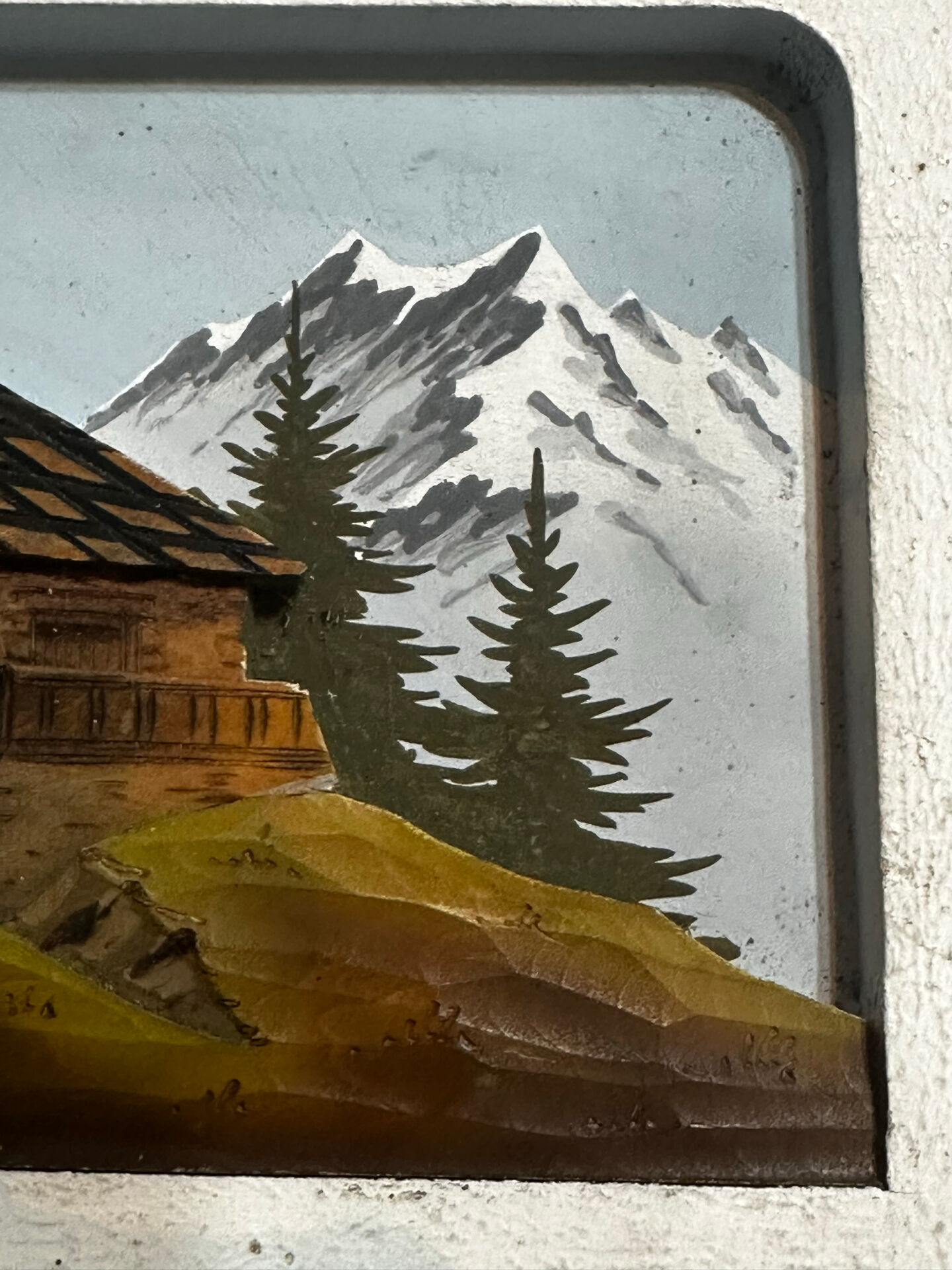 Carved and painted wooden Alpine panel signed 18 / 26 cm