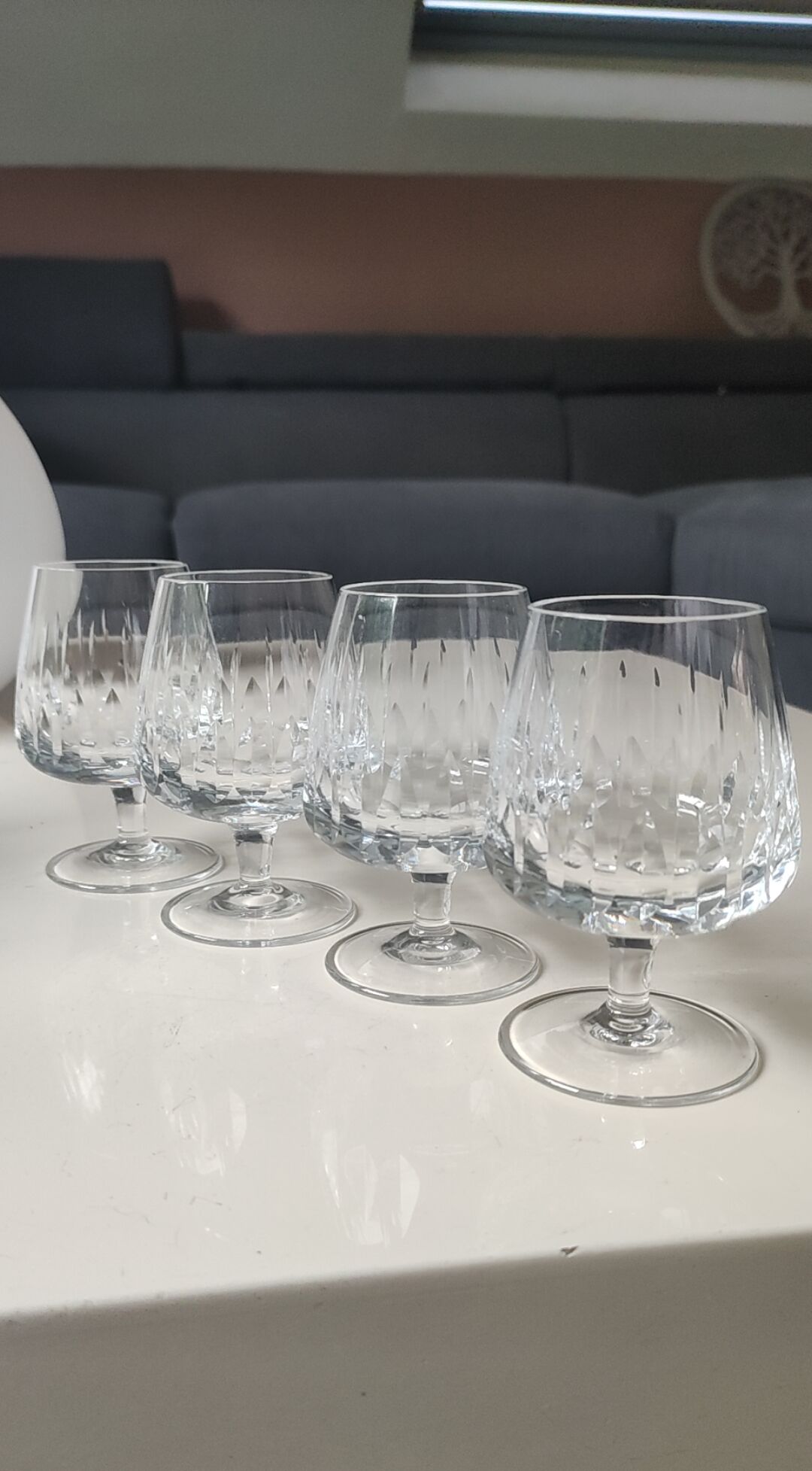 Lot 4 Glasses Cognac/Brandy. Trapezoidal. Drop/diamond point patterns.