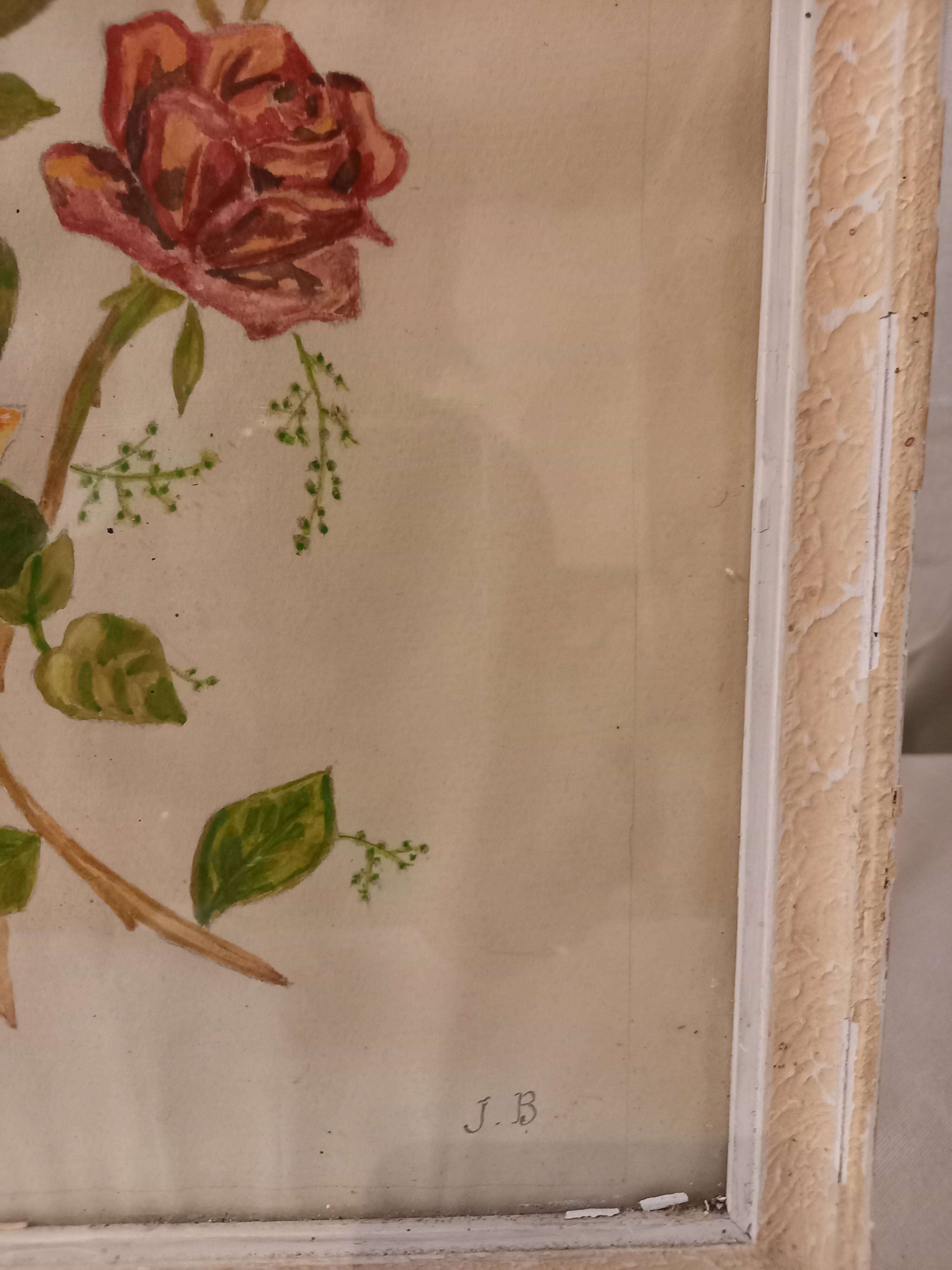 Old painting, gouache on paper, floral composition with roses, framed, under glass