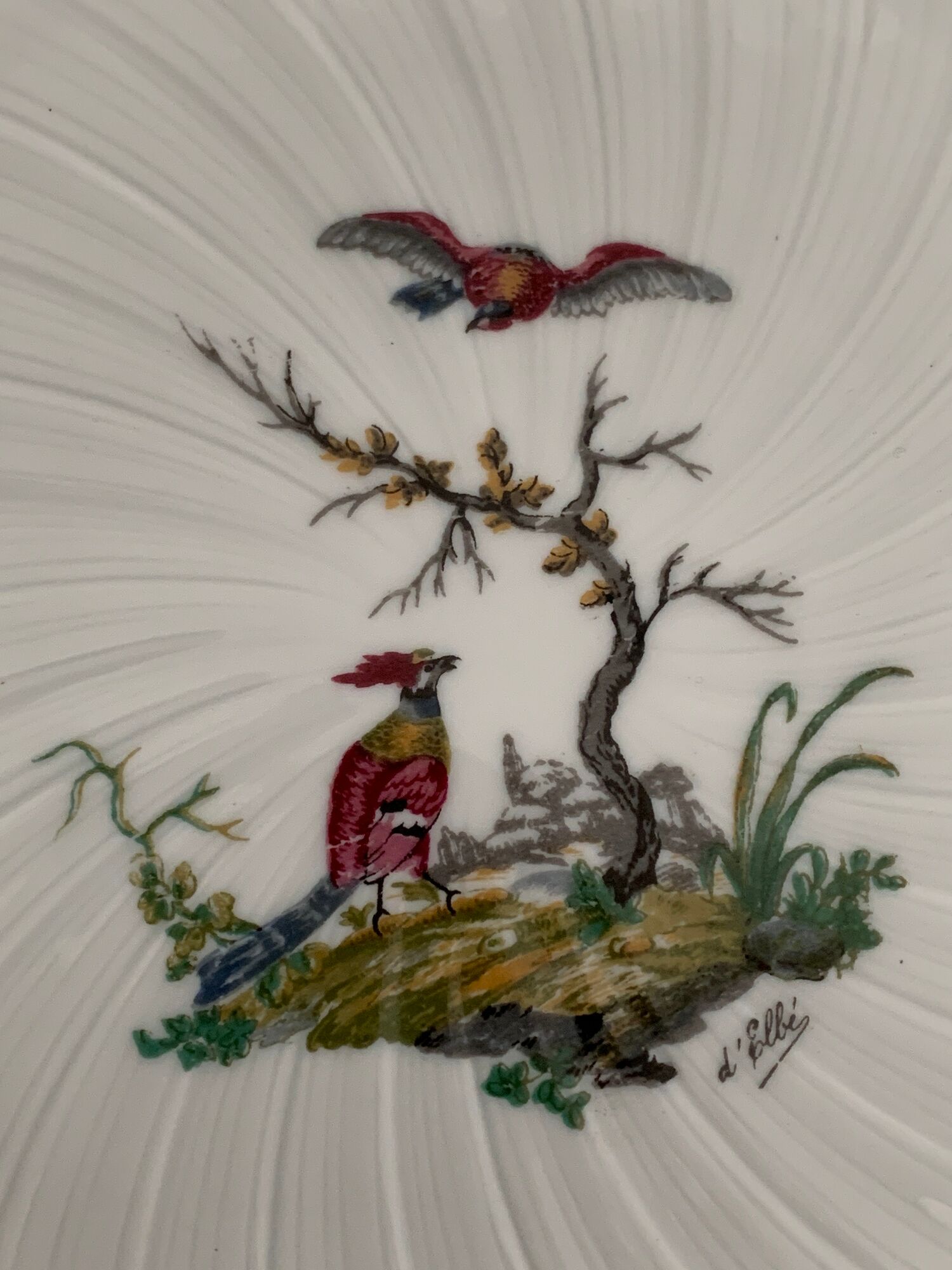 8 Bernardaud and Co. dessert plates signed Elbé, Limoges porcelain, decorated with birds
