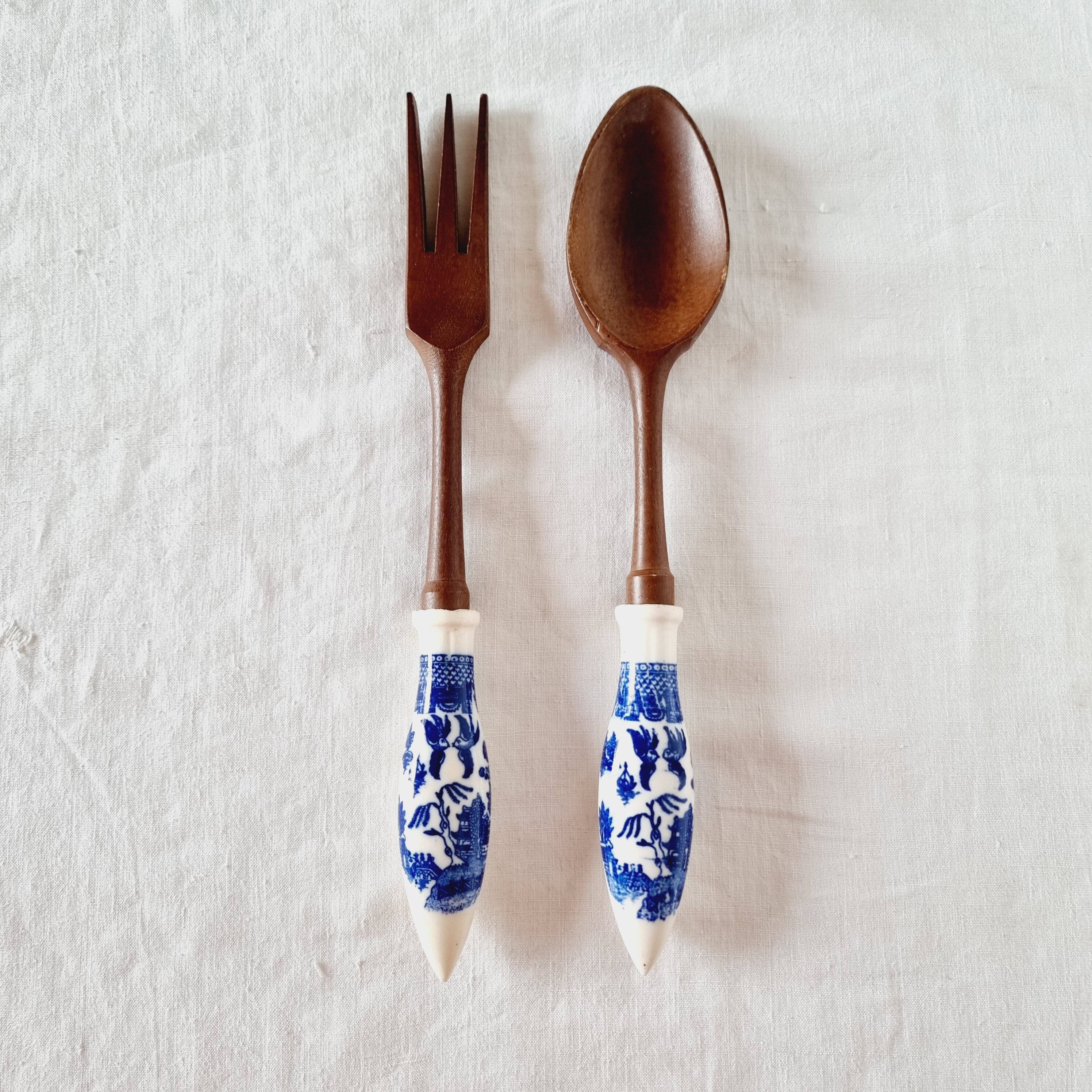 Serving Cutlery Wooden Handle Porcelain Decoration