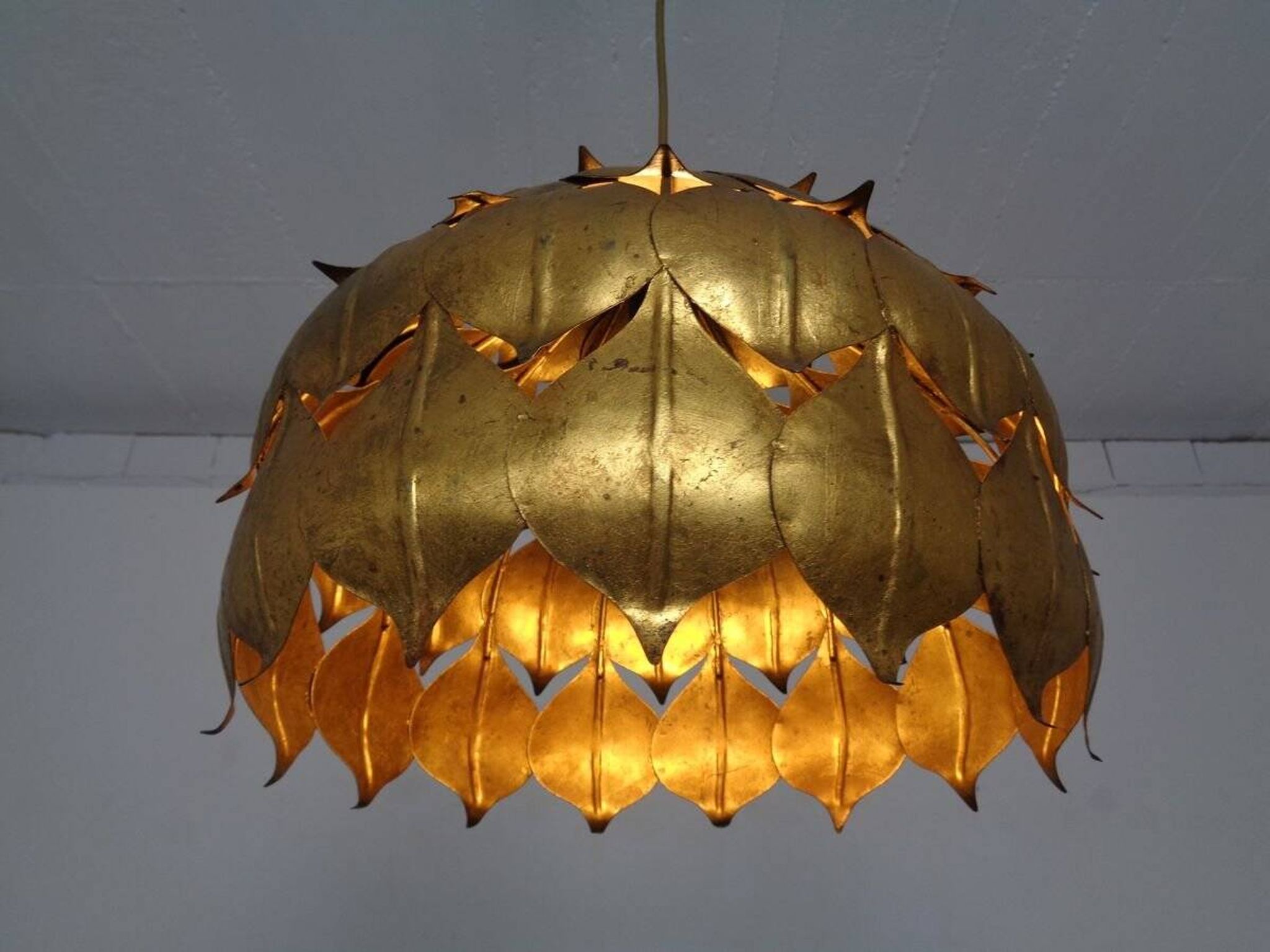 Large French Brass Lotus Ceiling Lamp, 1940s