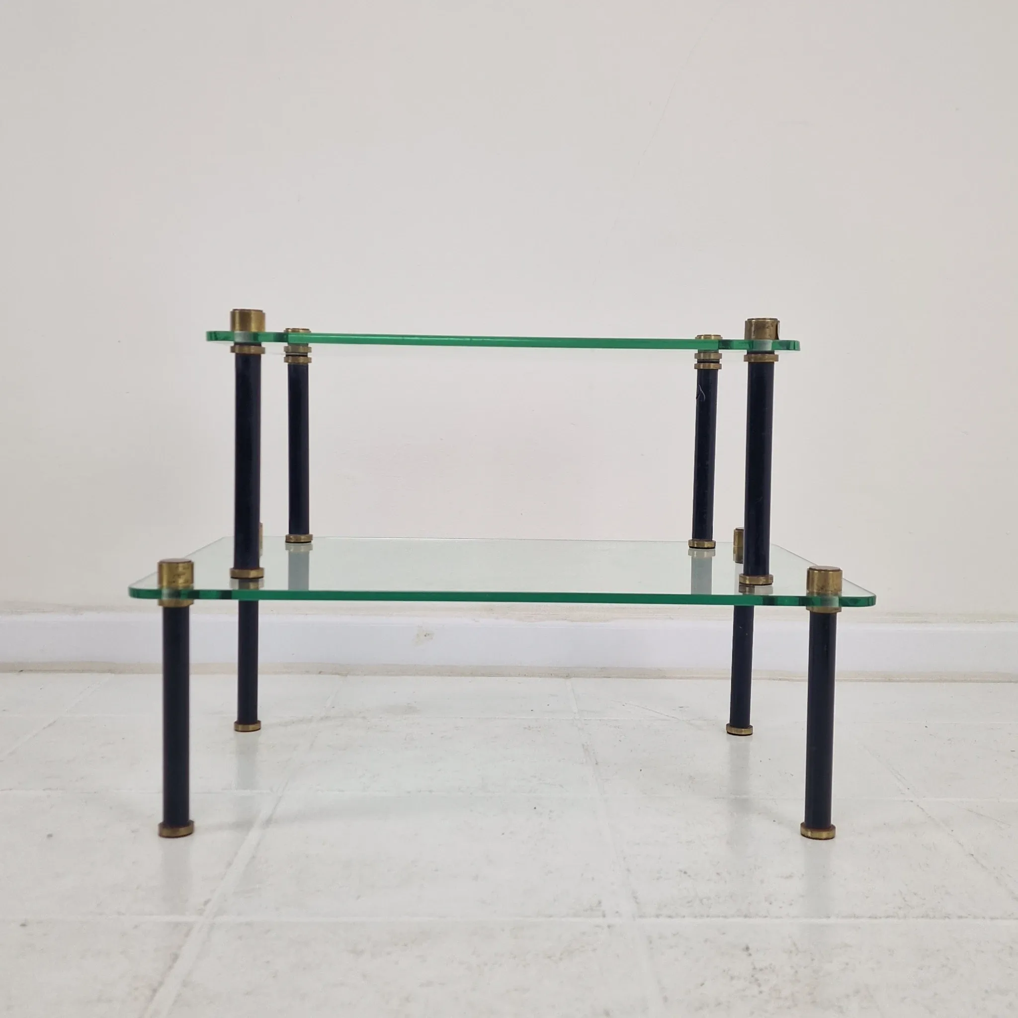 French Modernist Glass and Brass Display Tables with 'P. Andrieux', 1930's