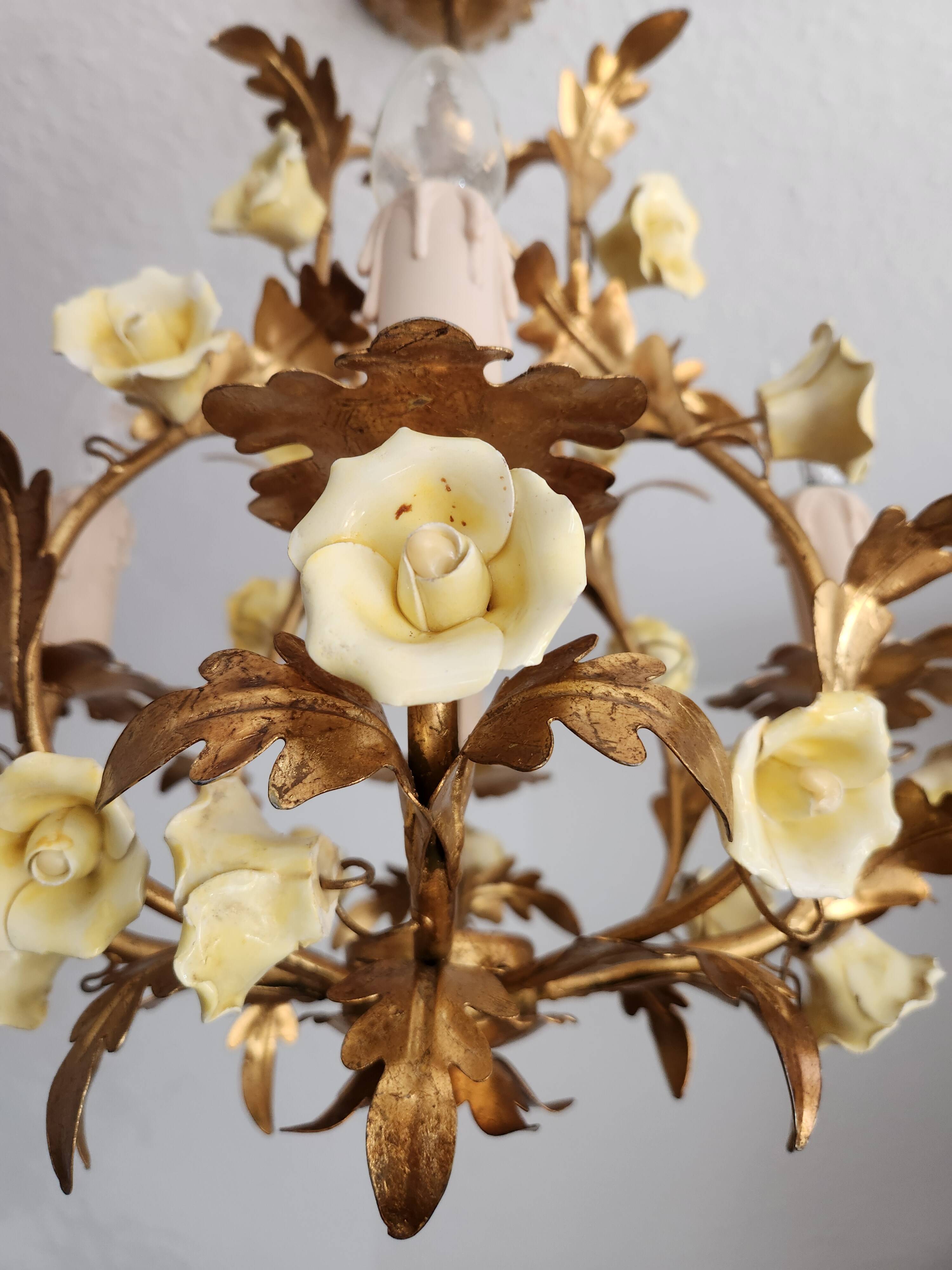 Vintage gilded hand-forged Florentine ceiling light with porcelain roses.