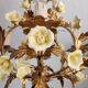 Vintage gilded hand-forged Florentine ceiling light with porcelain roses.