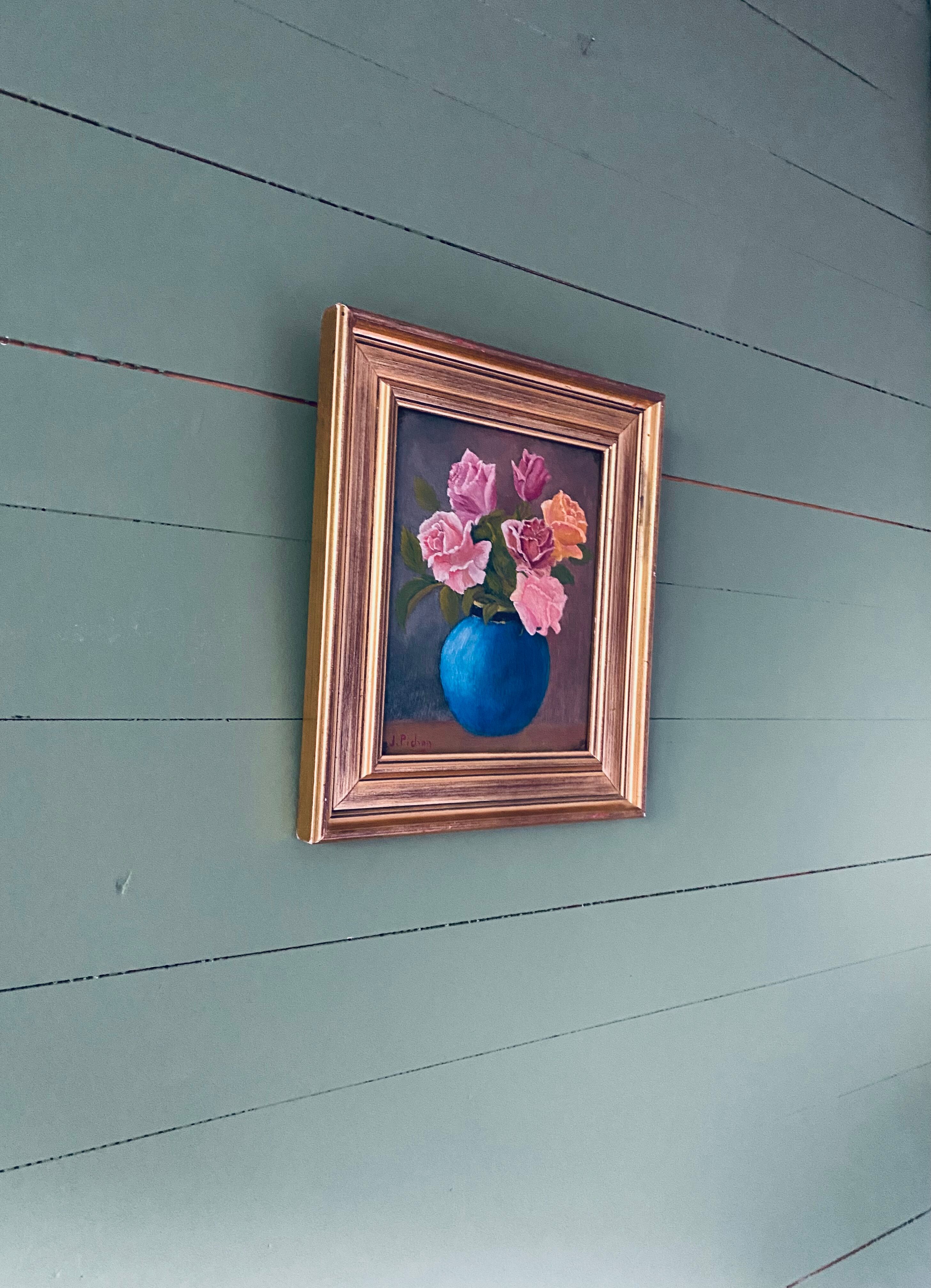 Oil on panel bouquet of flowers framed and signed