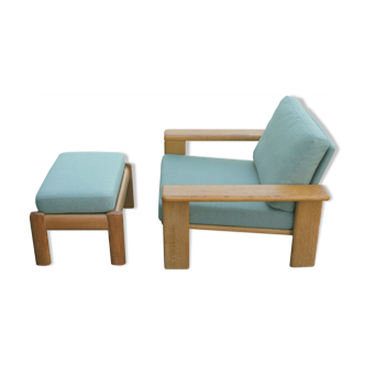 Fauteuil des années 1970 avec tabouret en chêne