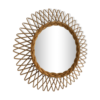 Vintage mirror 1960 sun rattan flower wicker - 50 cm