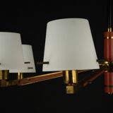 Mid-Century 8 arms Stilnovo chandelier in opaline, brass and red lacquer.