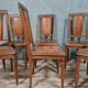 Series of 6 Art Deco period chairs in solid walnut with blonde patina