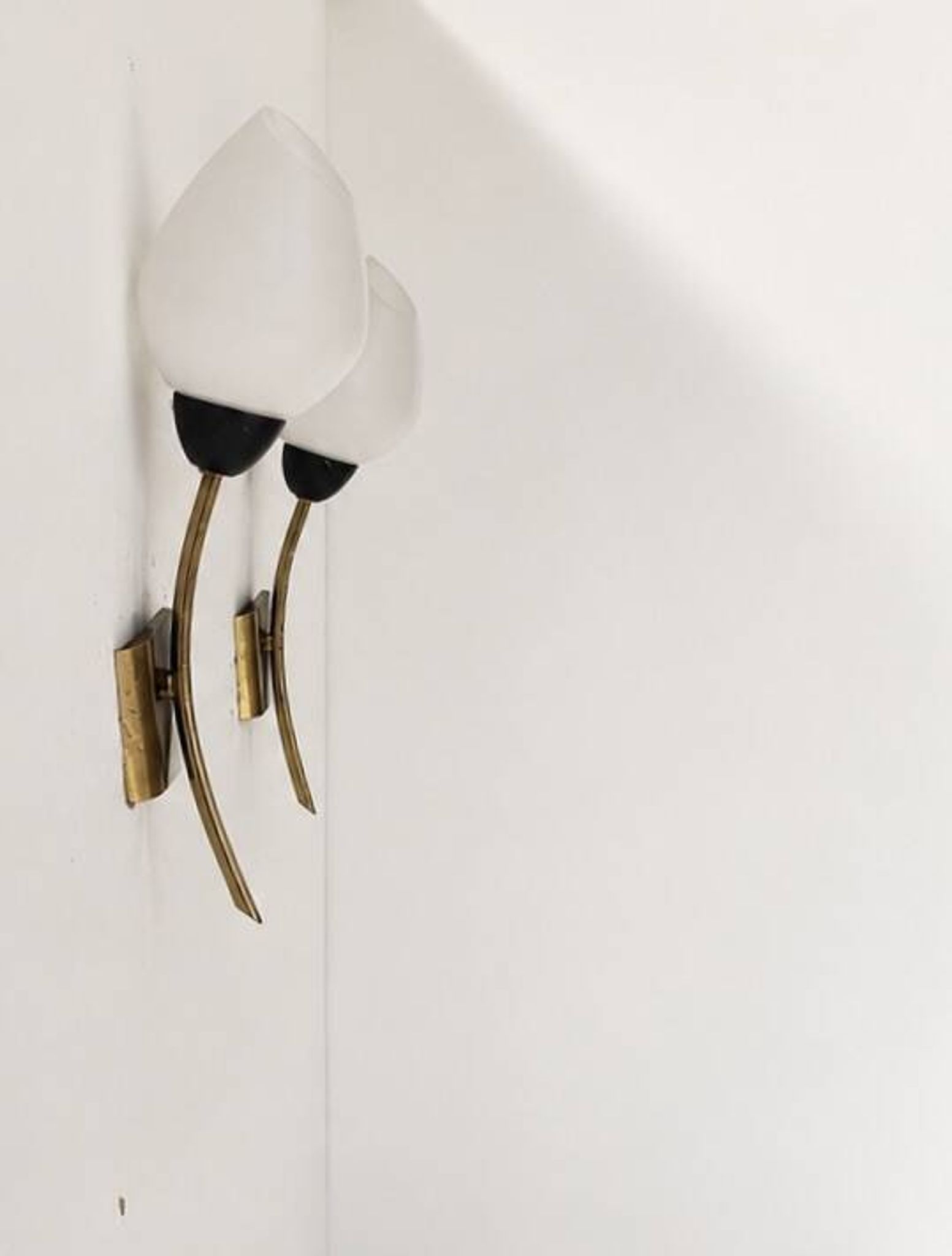 Pair of vintage wall lights, brass and opaline, France, 1960.