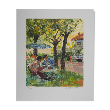 Yvonne Cheffer Delouis : L'heure du thé, lithographie originale signée