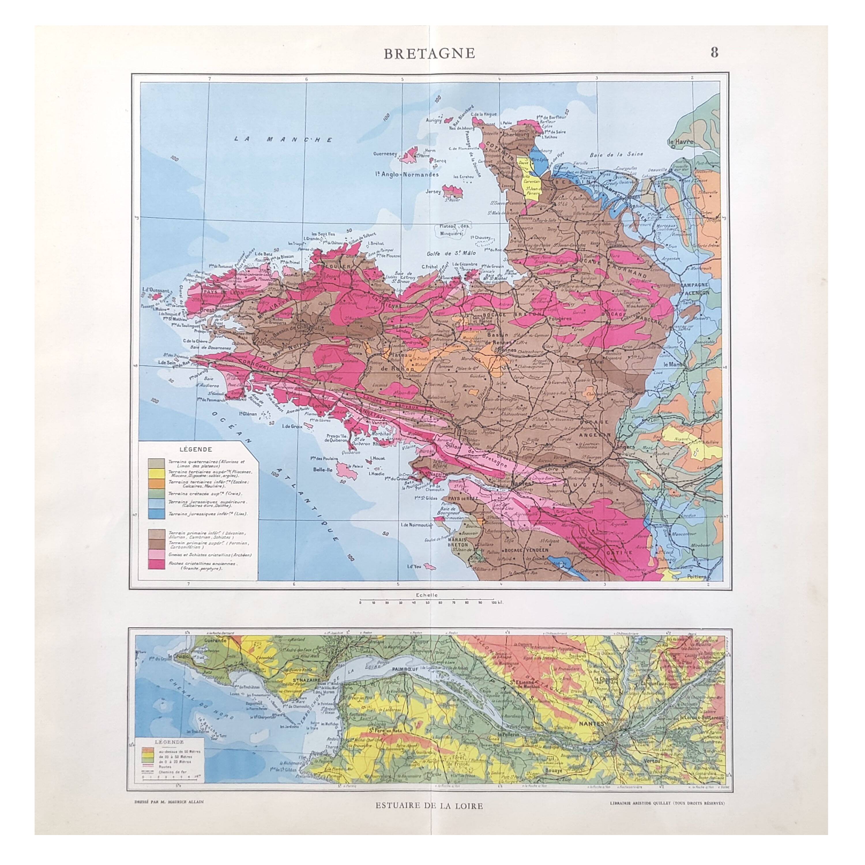 Brittany and Loire estuary map 43x43cm vintage from 1950