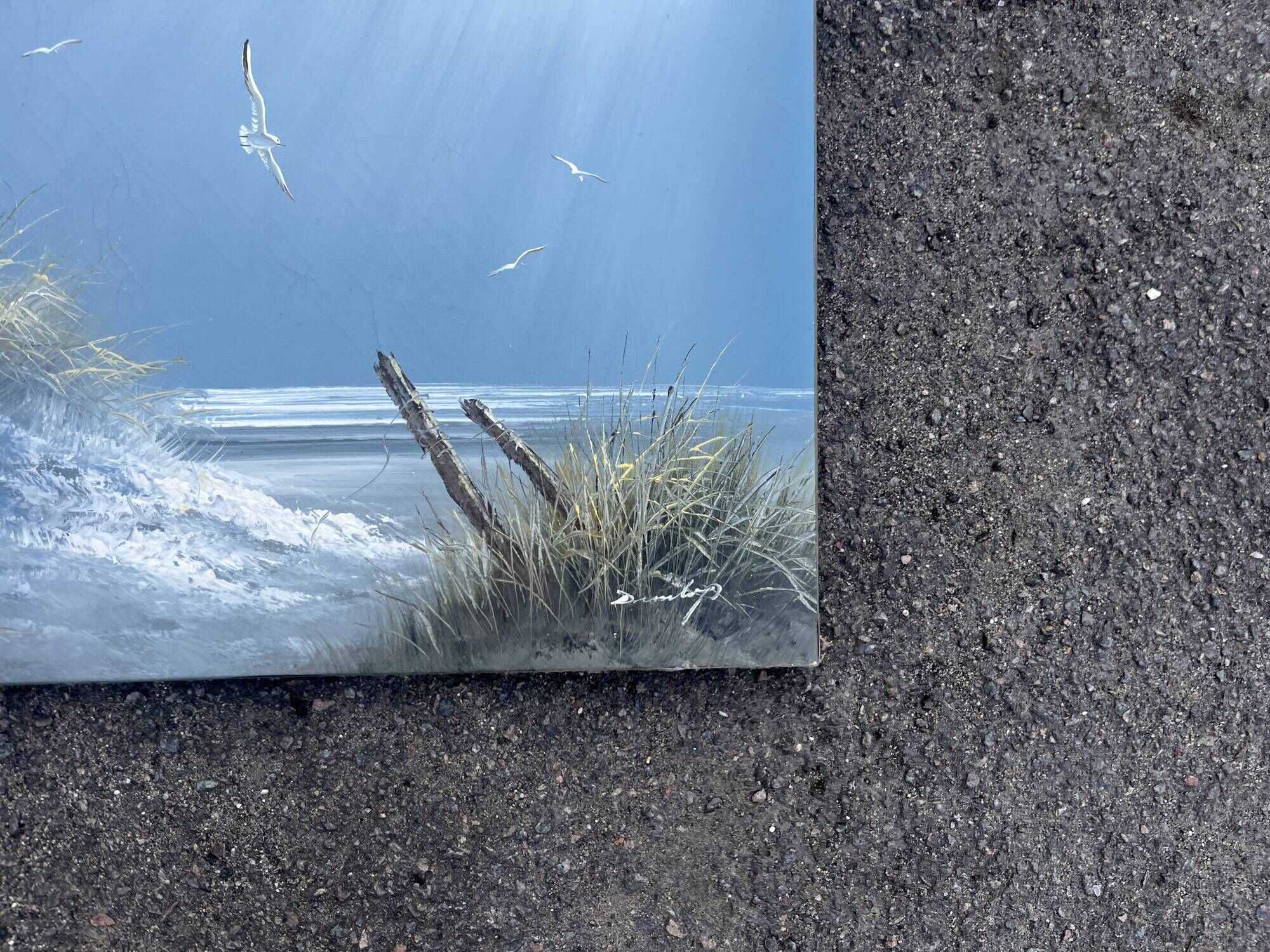 Marine landscape tableau – Dunes and seagulls by the sea – Signed painting