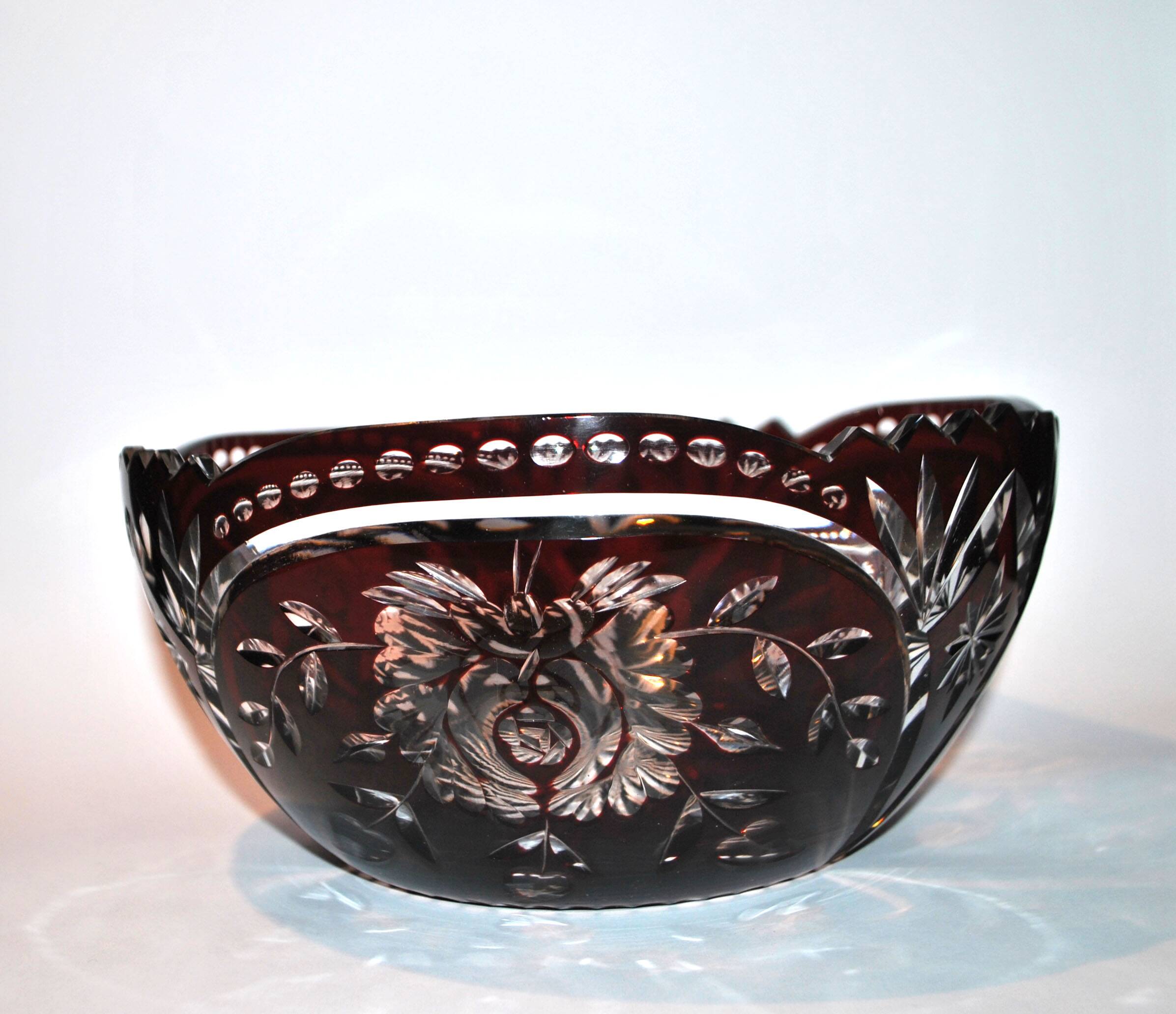 Saint-Louis Crystal Salad Bowl? Lined with Red Bordeaux Overlay Floral