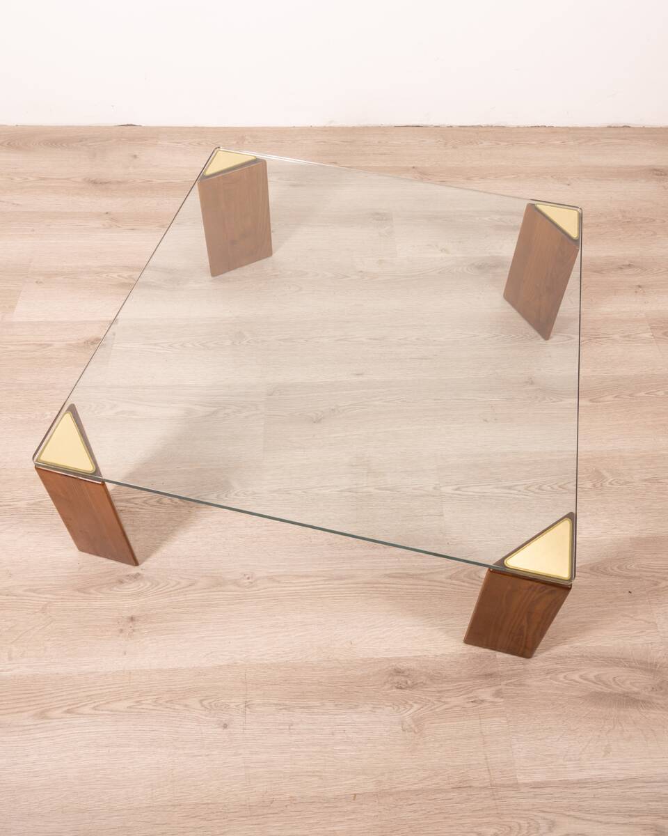 Vintage 80's table in wood, brass and glass, italian design