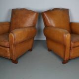 Pair of French Cognac Moustache Back Leather Club Chairs, 1950s