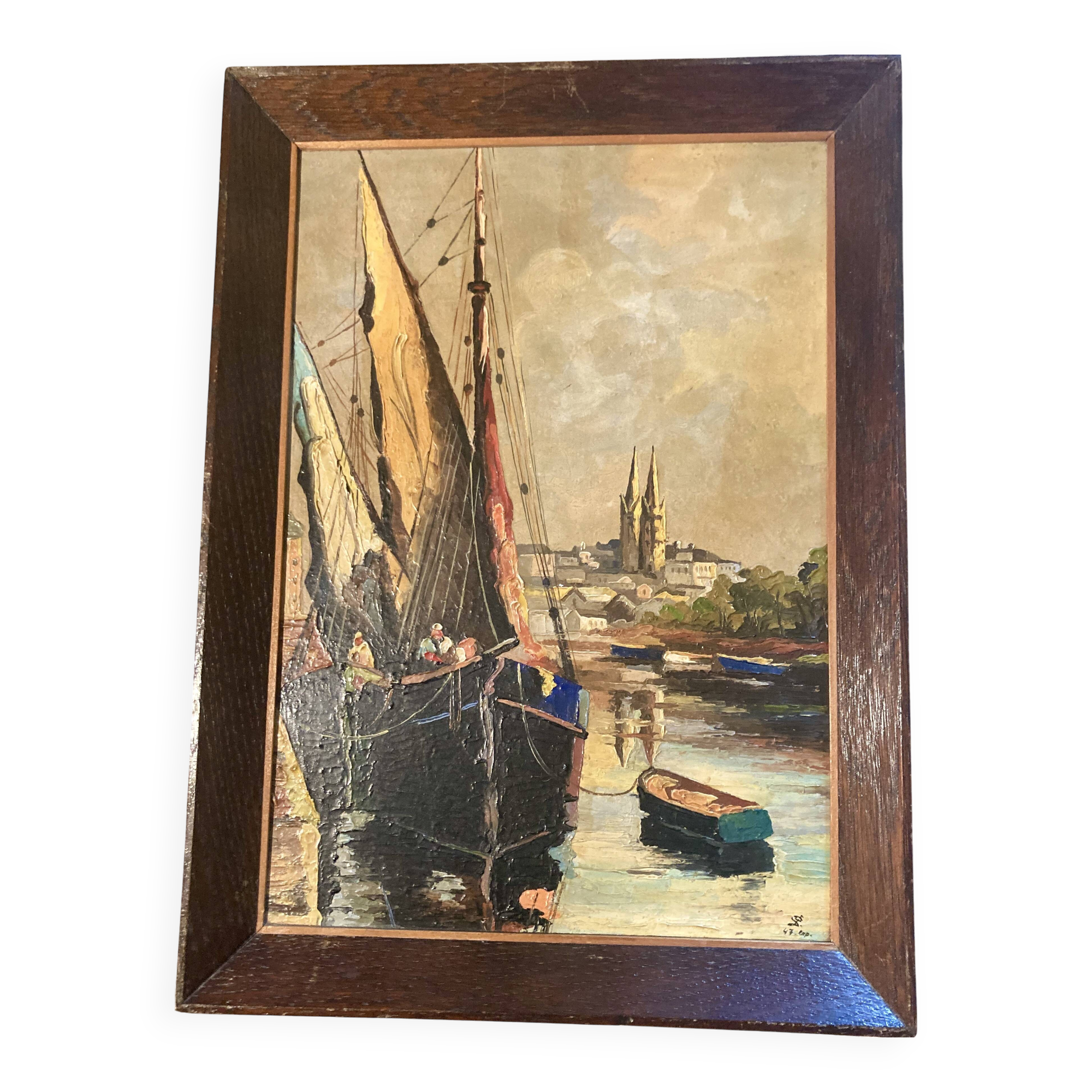 framed signed oil painting of Quimper on the Odet, regionalist, Brittany tableau