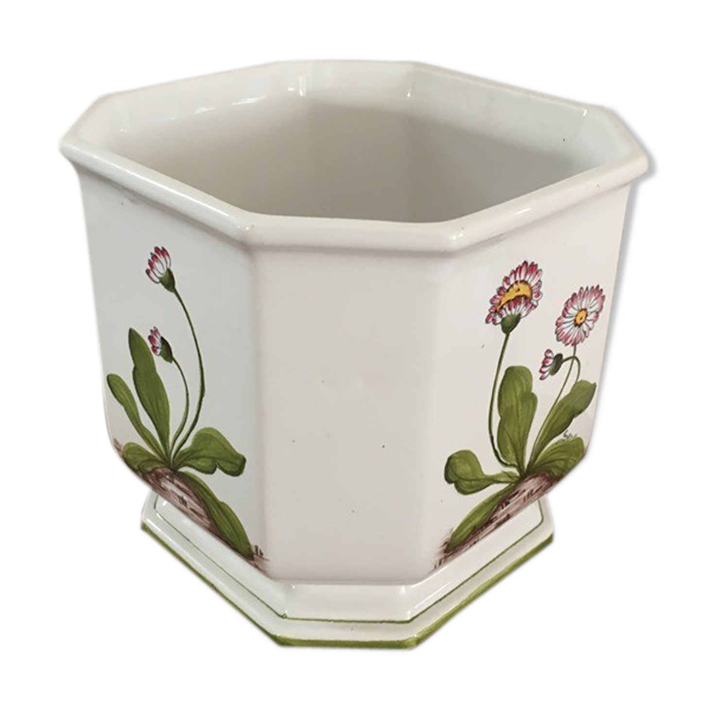 Cover - white ceramic pot decorated with stylized flowers.