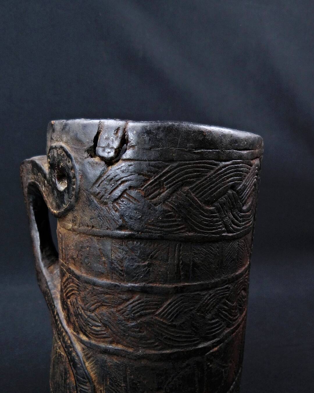Nepalese milk jug in brown patina wood, Sherpa folk craft, 20th century