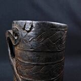 Nepalese milk jug in brown patina wood, Sherpa folk craft, 20th century