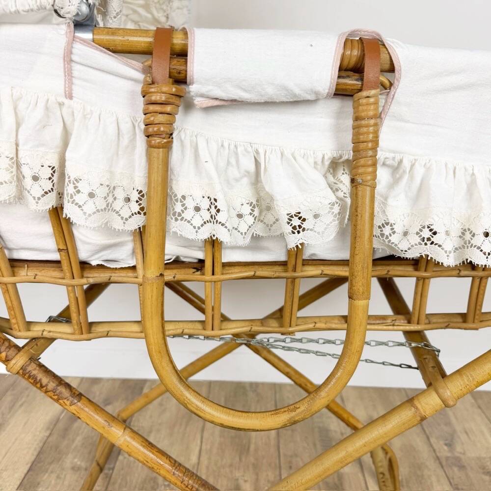 Bamboo bassinet on a stand, bohemian 1970s.