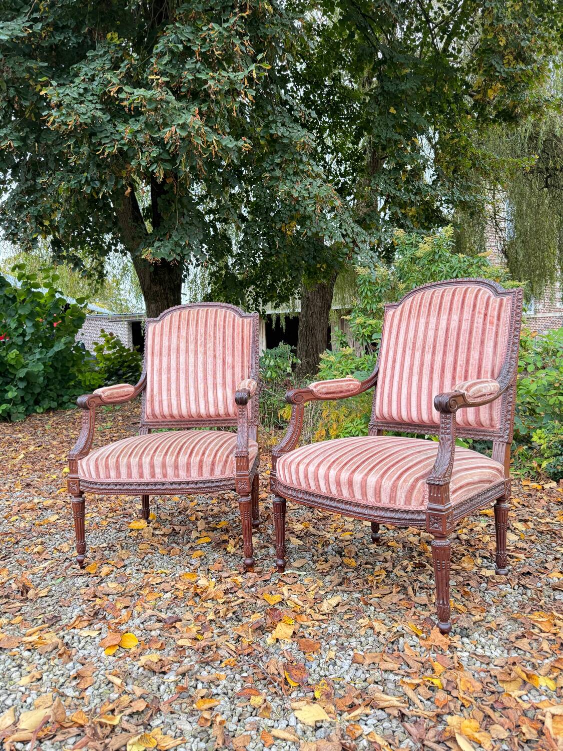 Pair of Louis XVI Style Mahogany Flat Back Armchairs, 19th Century