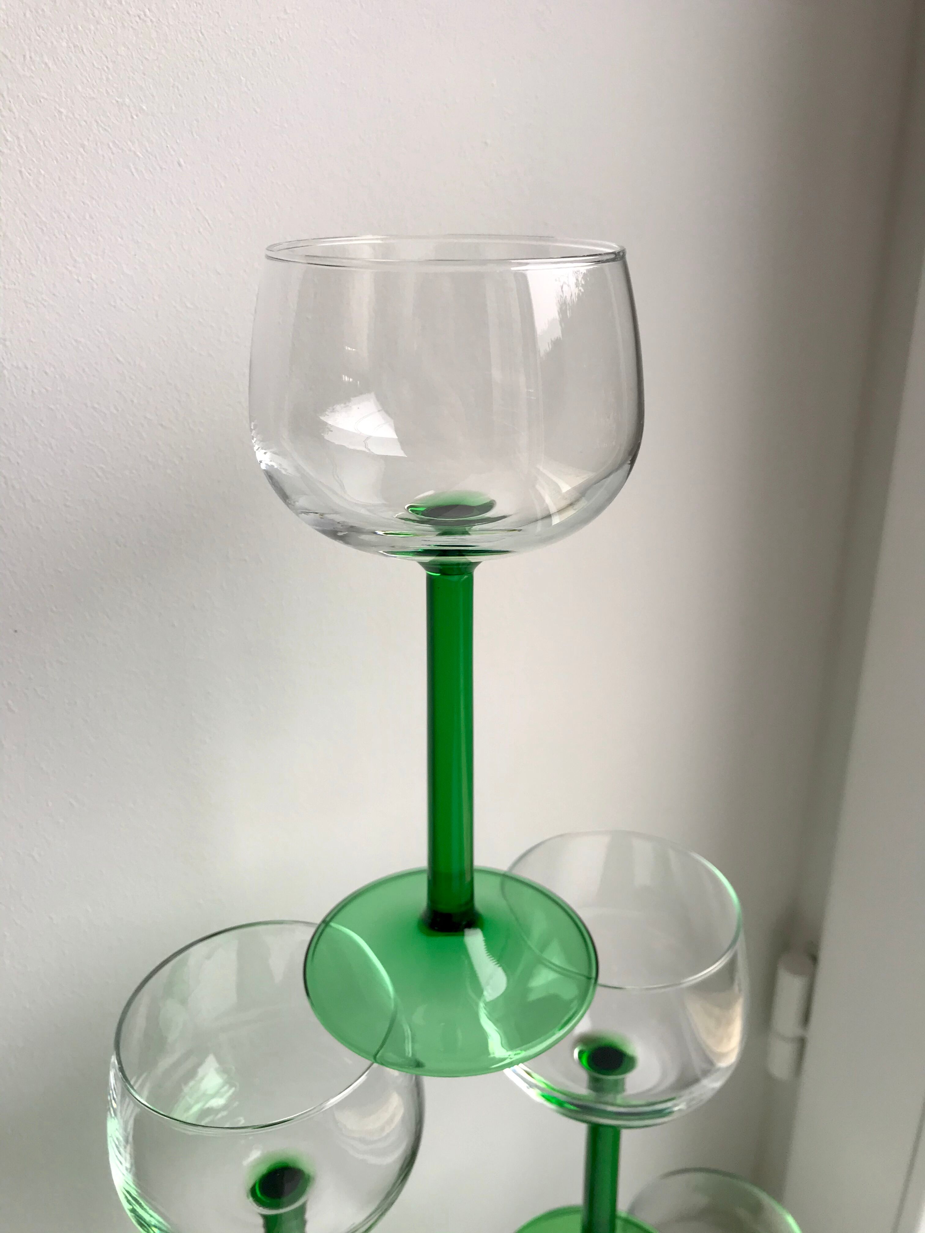 Set of 6 green white wine glasses made in France 60s-70s