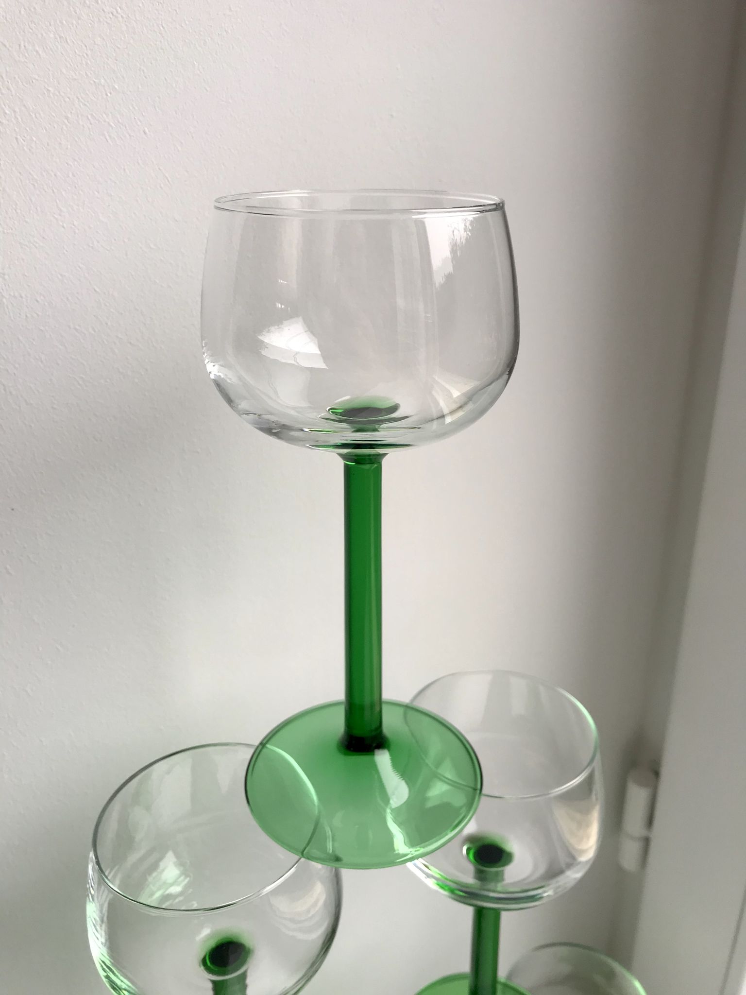 Set of 6 green white wine glasses made in France 60s-70s