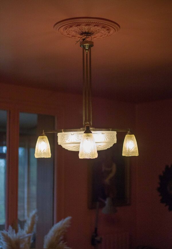 Lustre art déco bronze nickelé avec verre tulipe art déco, lampe de plafond, suspension art déco, 30