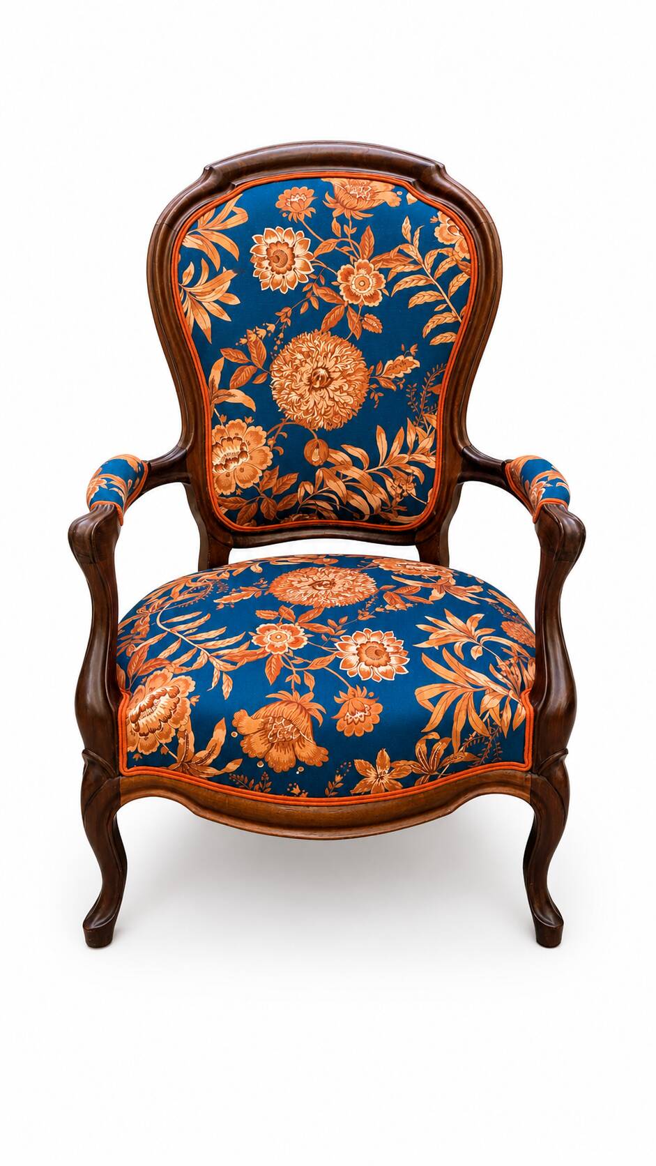 Restored Louis-Philippe cabriolet armchair, blue and orange floral fabric.