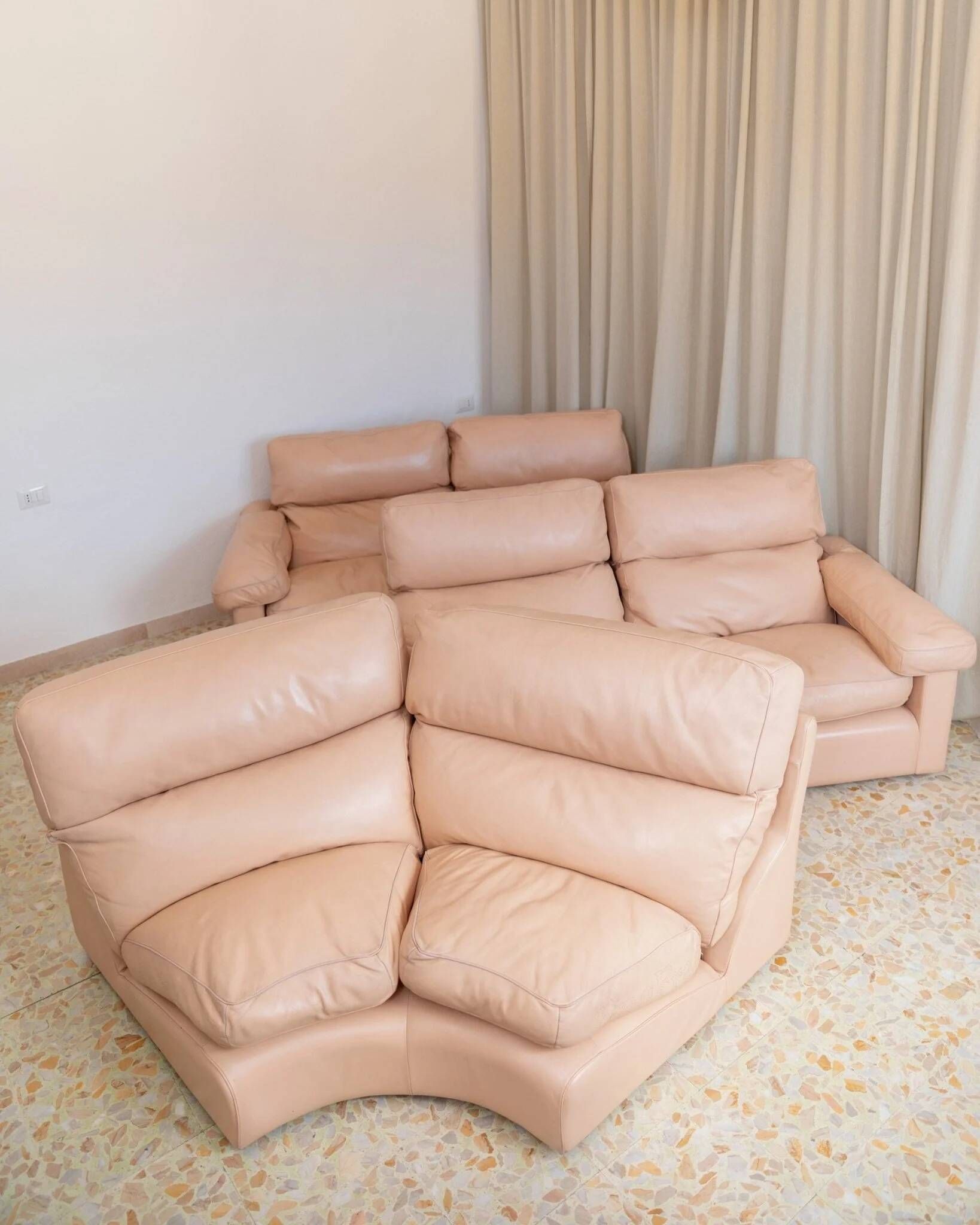 Vintage blush leather modular sofa Petronio by Tito Agnoli for Poltrona Frau, 1970s mid-century design