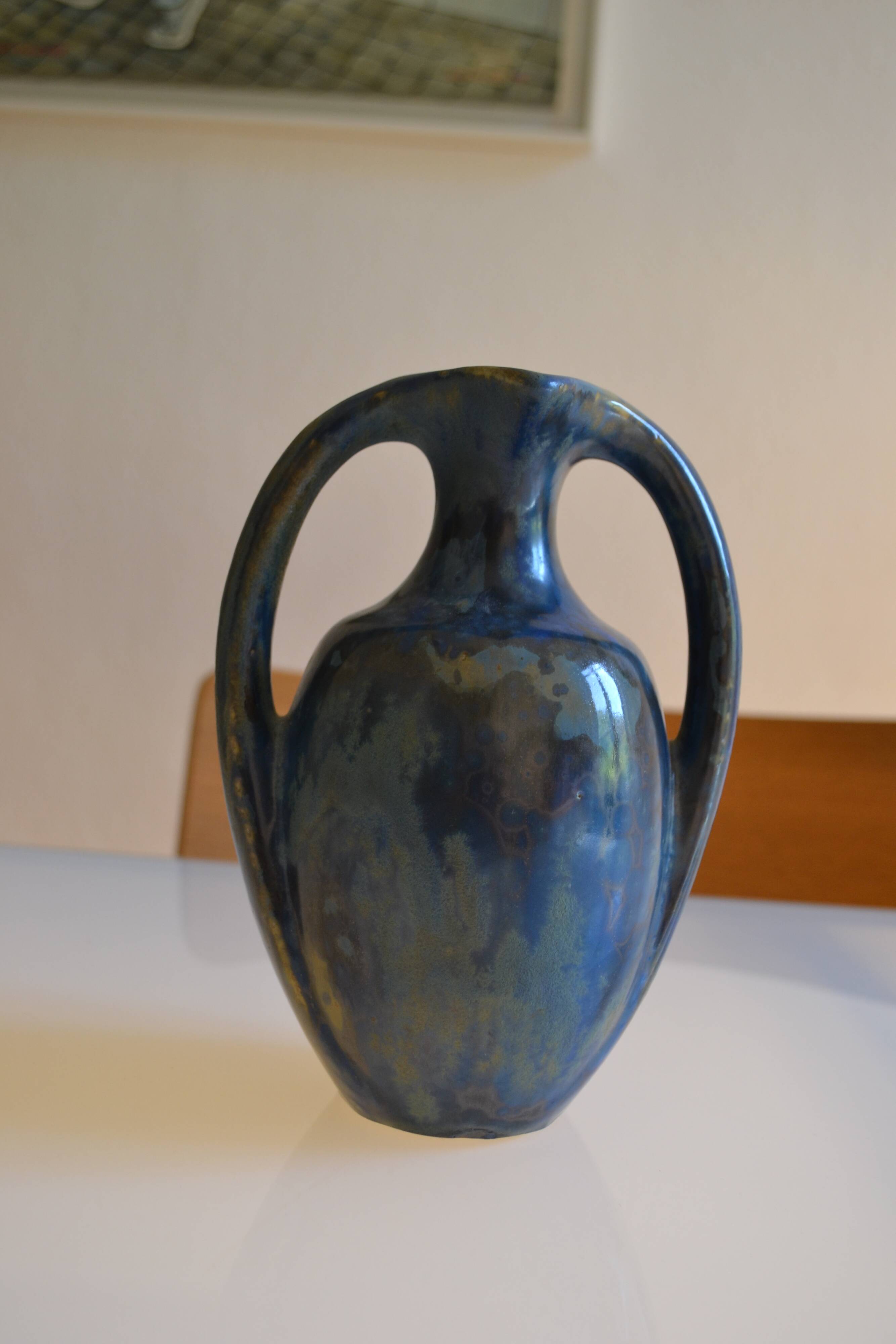 Iridescent Pierrefonds stoneware amphora vase, Art Deco, 1930, signed