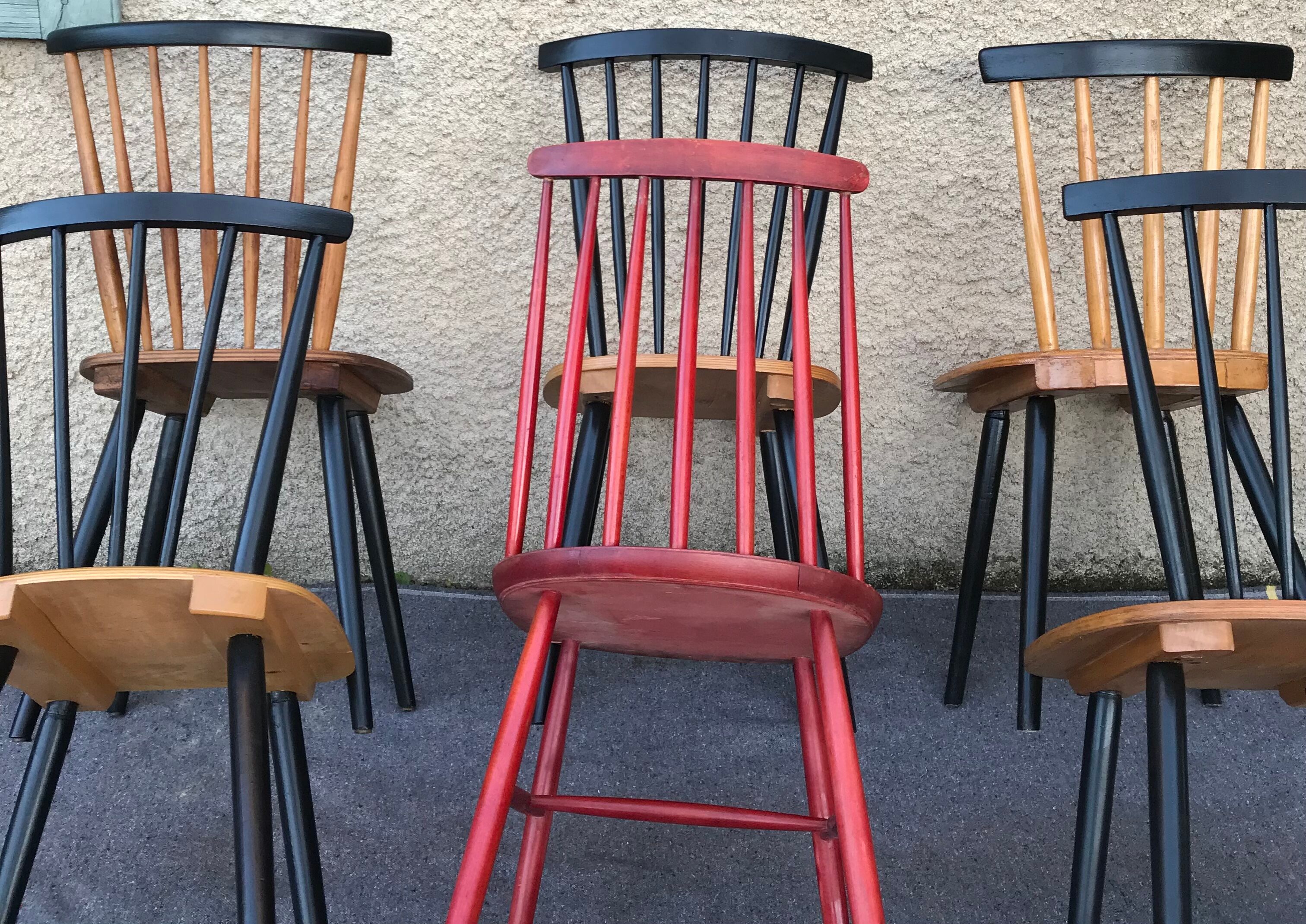 Set of 6 mismatched vintage chairs with bars and compass legs