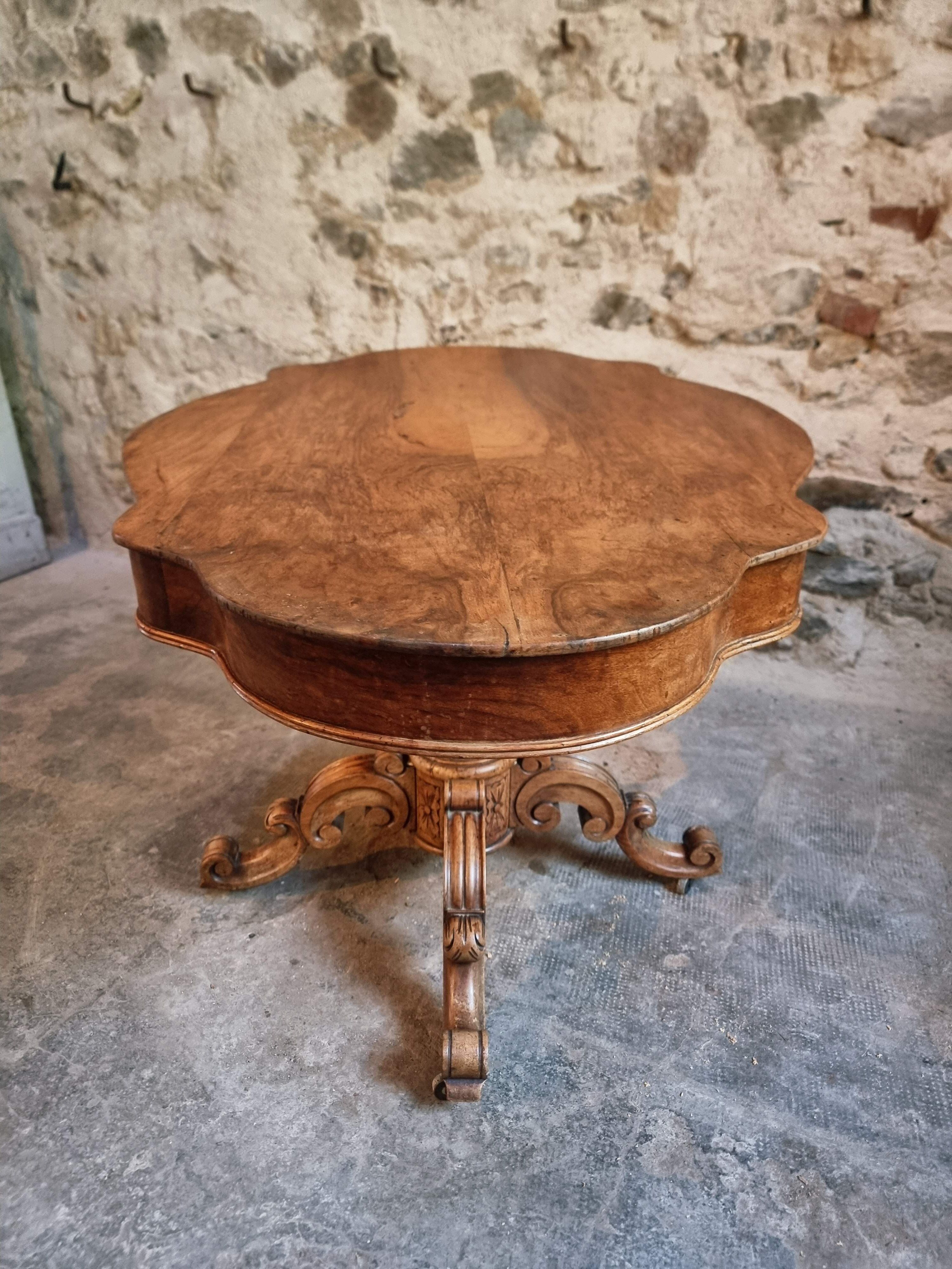 French antique walnut violin table, centre table with drawer, circa 1880–1900.
