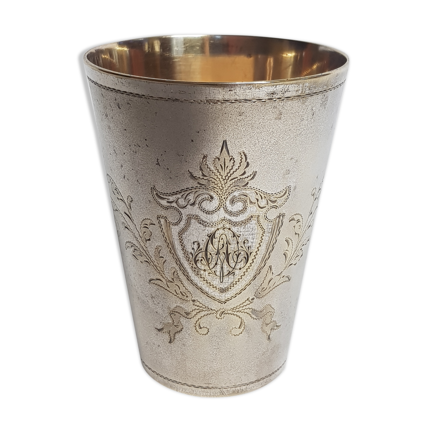 Louis XV-style old silver metal timbale, monogrammed "OA"