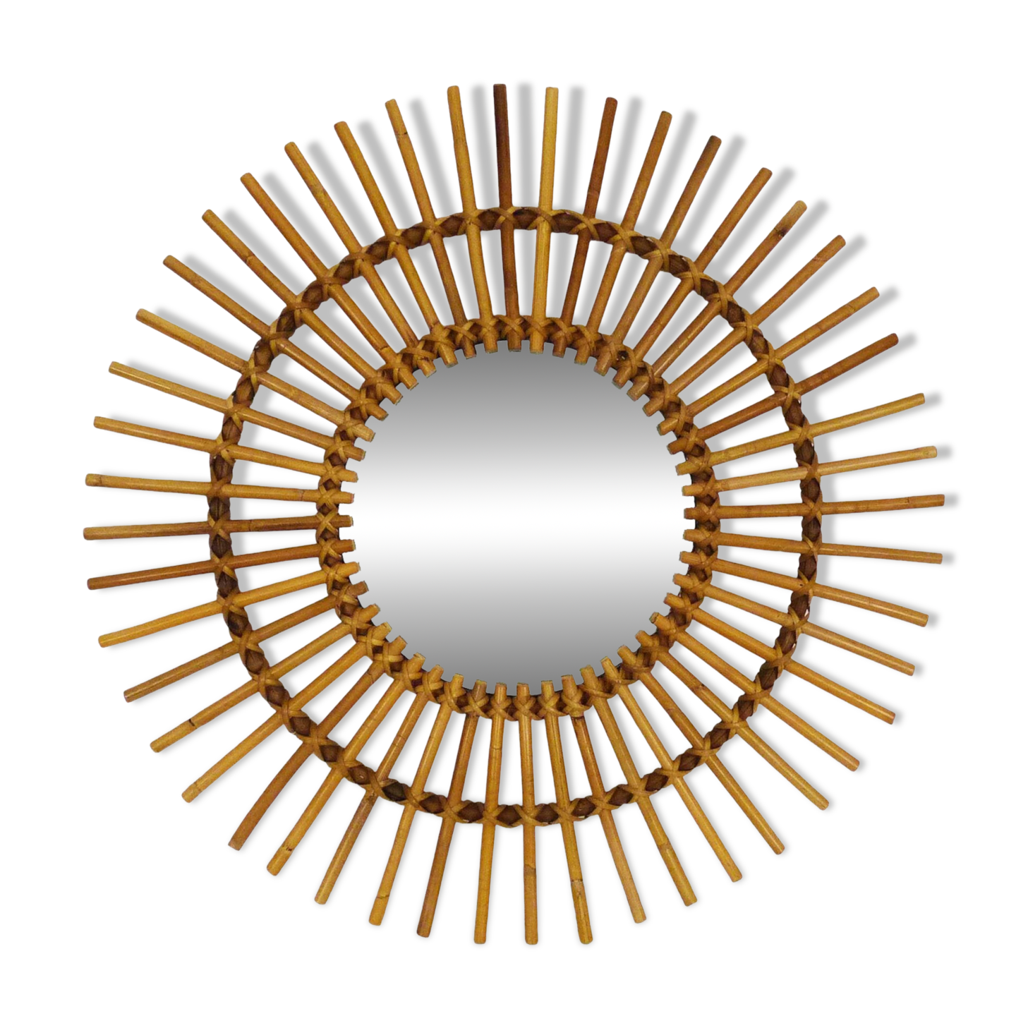 Vintage Rattan Sun Mirror Diameter 69 cm - 27.16". 80s 90s