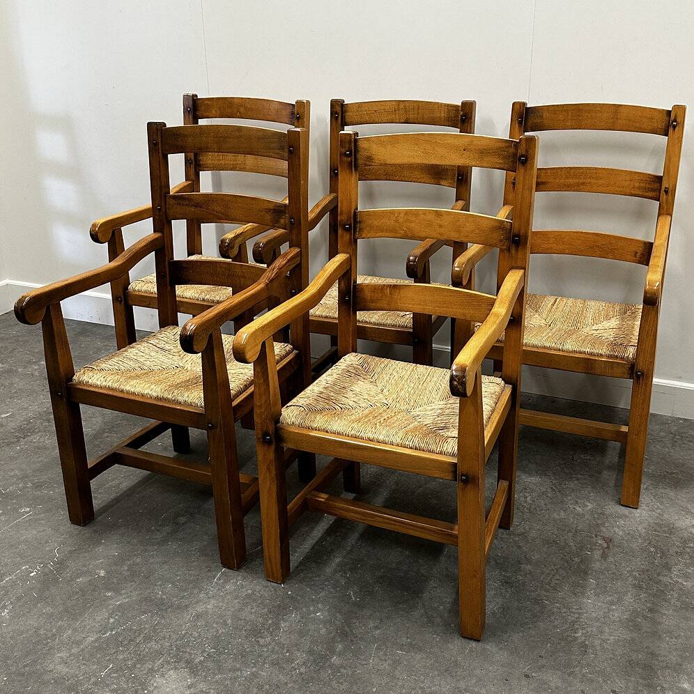 Set of 5 large French oak dining armchairs with rush seats, 1970s