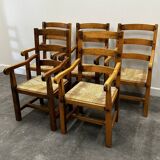 Set of 5 large French oak dining armchairs with rush seats, 1970s