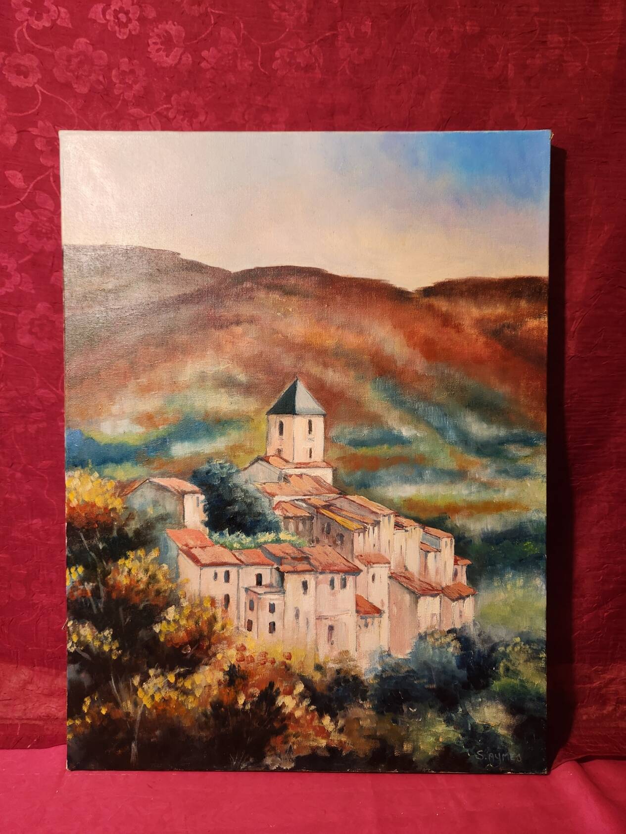 Oil painting on canvas Provençal landscape Village around its bell tower