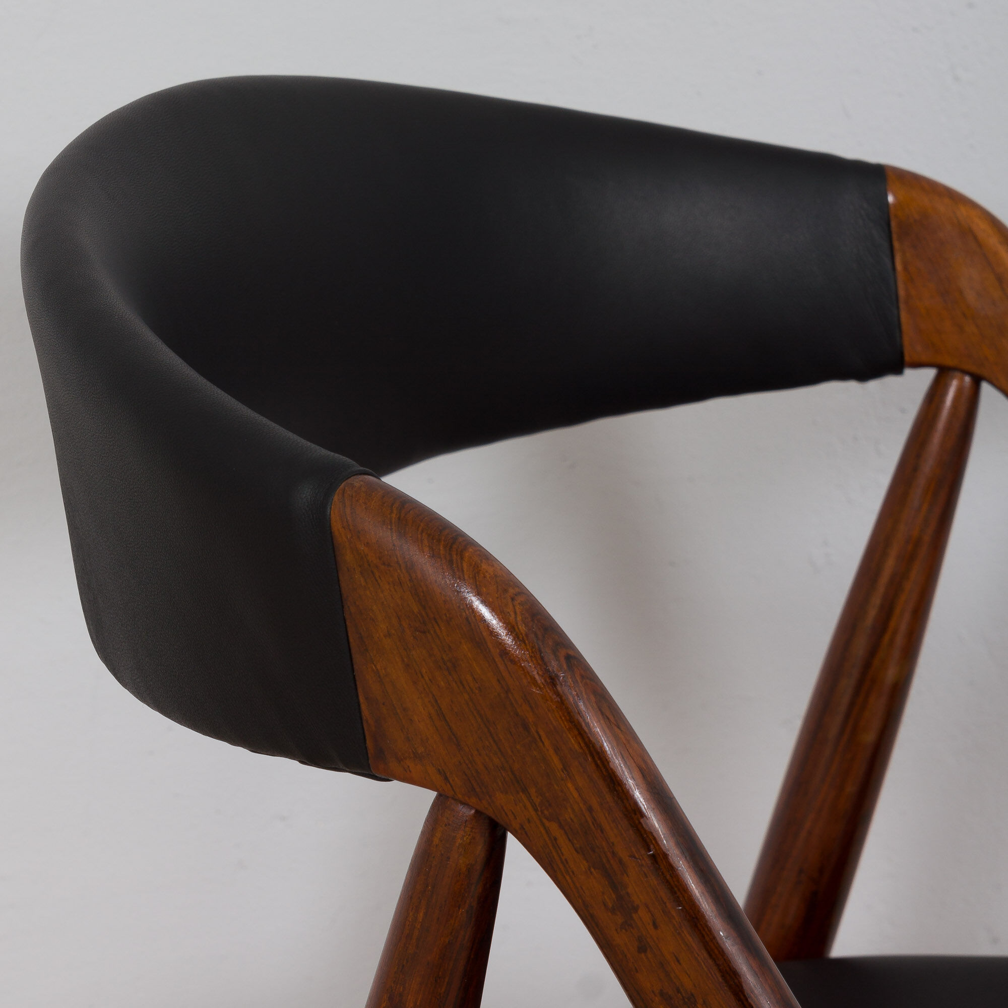Kai Kristiansen rosewood desk chair 31 in reupholstered in soft black leather, Denmark, 60s