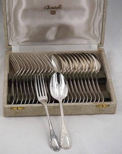 Christofle Marly, 12 dessert cutlery sets, 24 pieces silver-plated metal, 17 cm