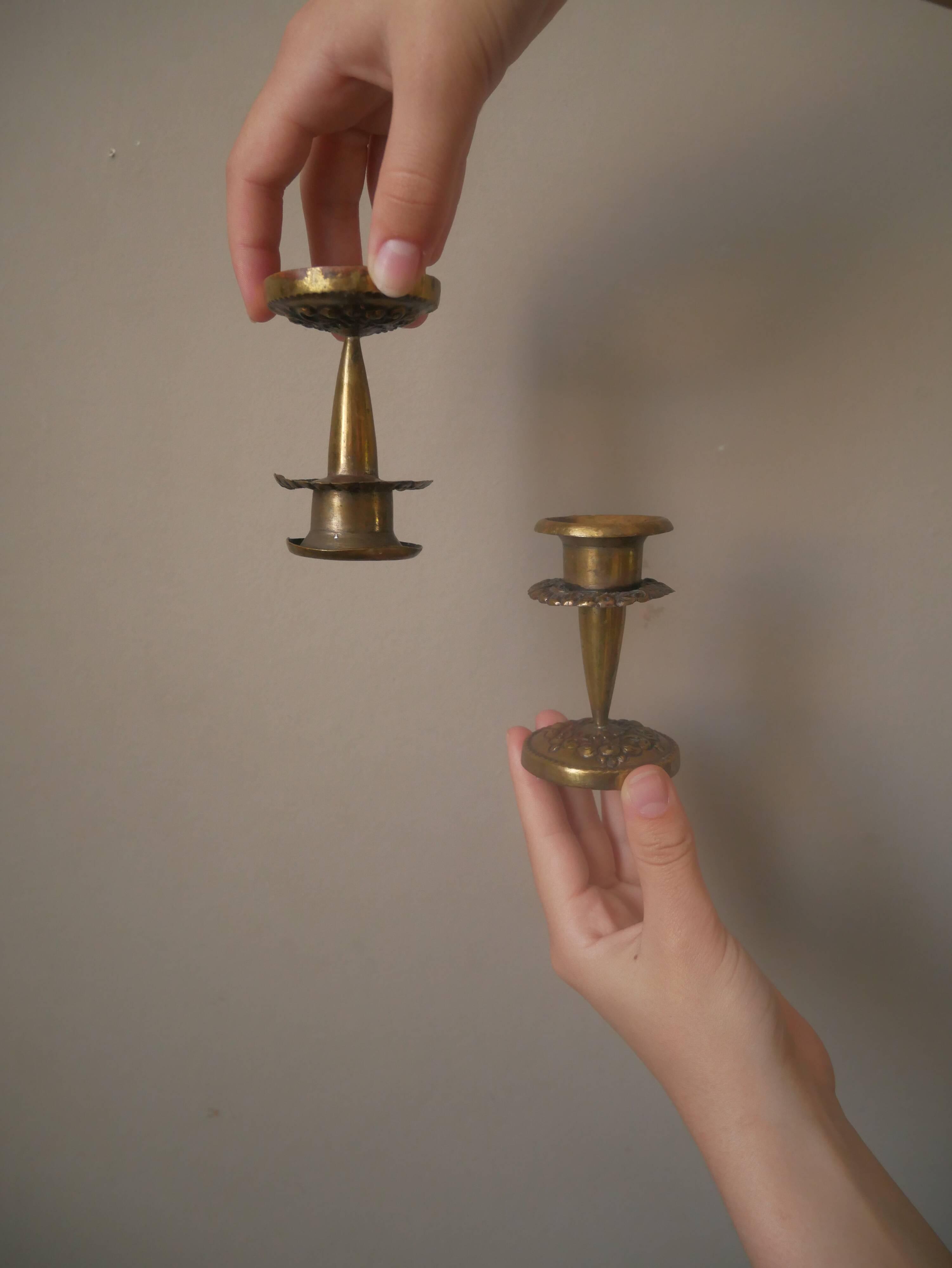 Pair of antique brass candlesticks Scandinavian country decoration gold metal candelabra candlesticks