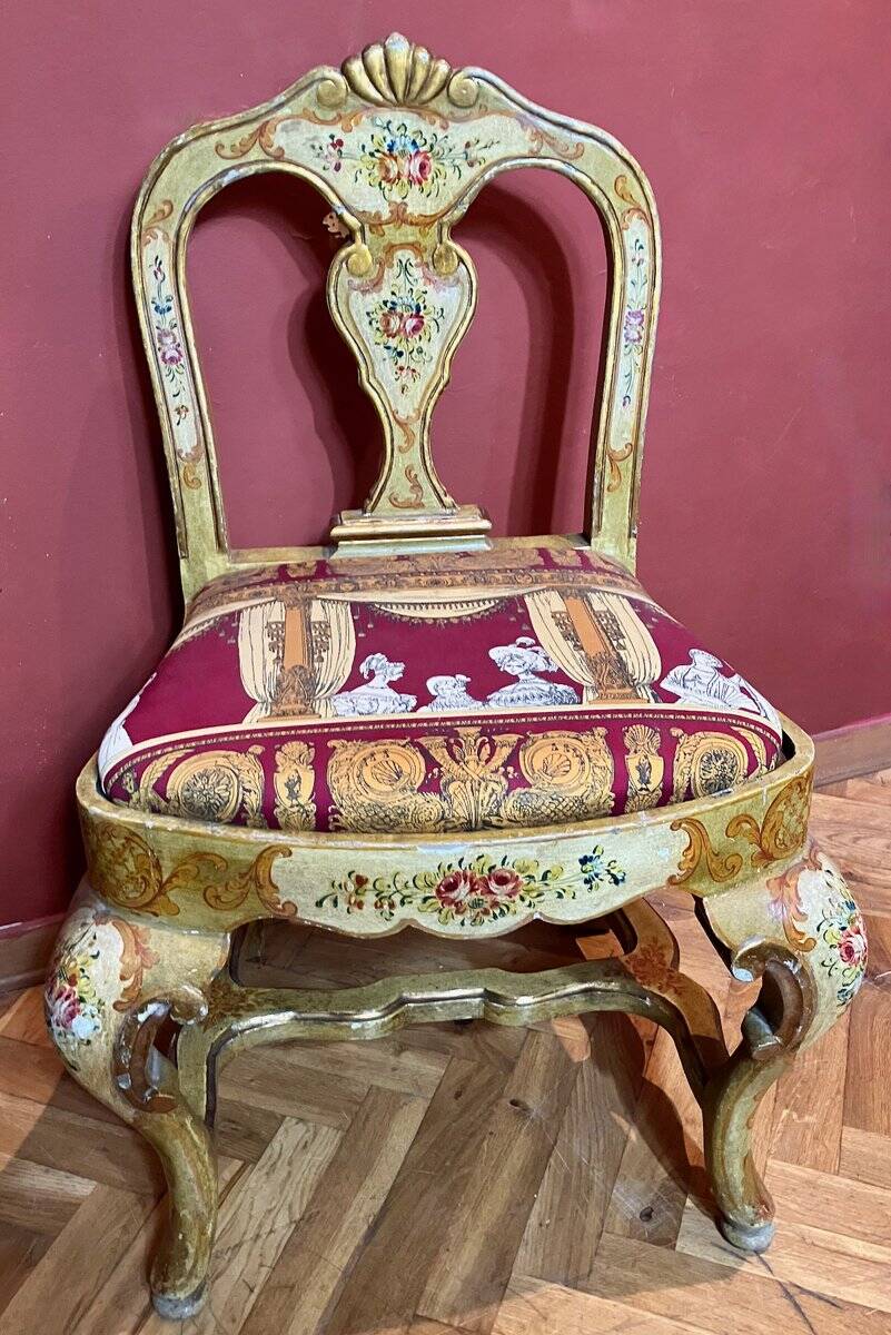 Venetian Lacquered Rococo-Style Armchairs with Hand-Painted Floral Décor and Theater-Inspired Upholstery, Set of 2