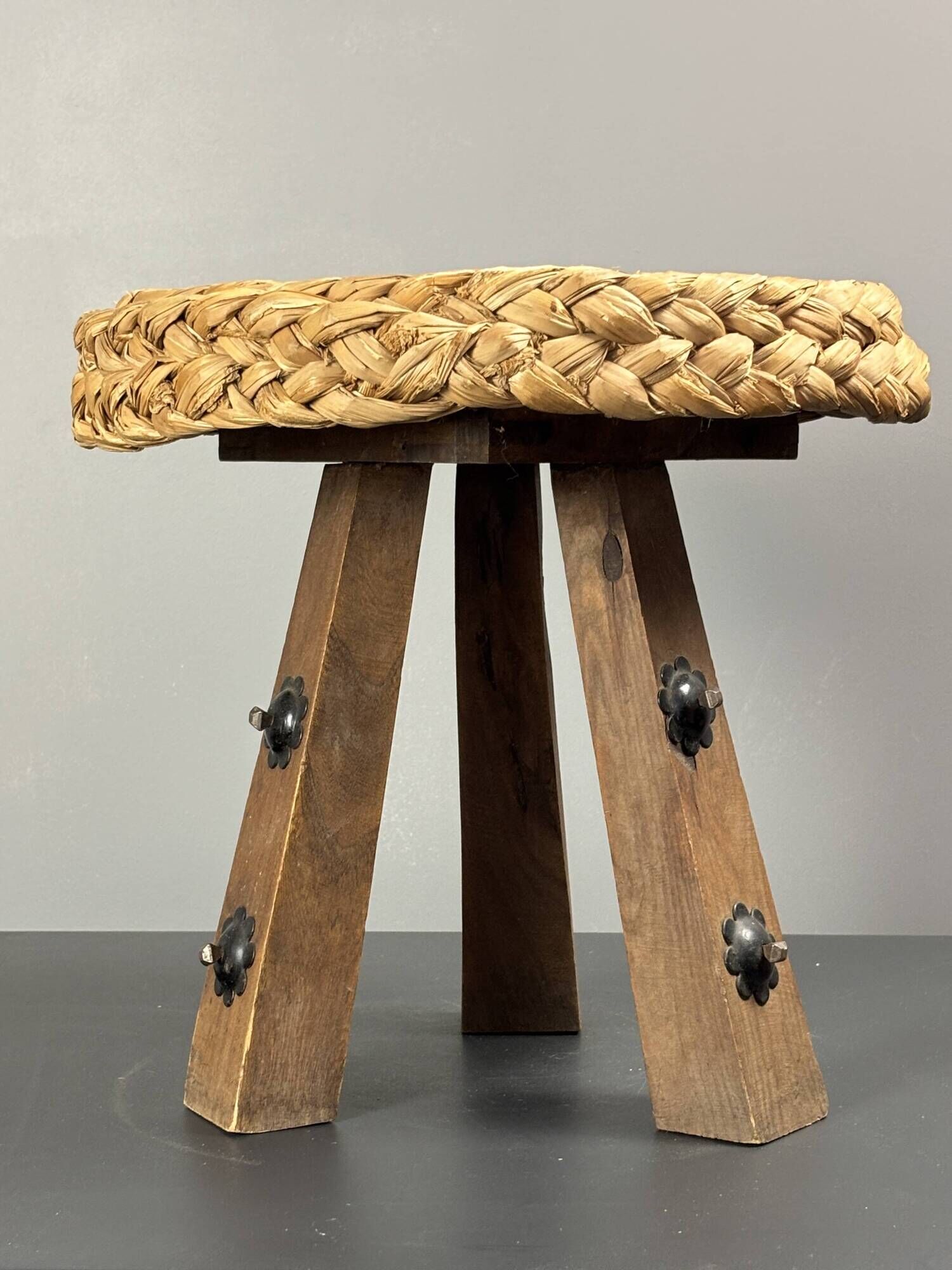 Midcentury braided rope tripod stool in the style of Audoux & Minet, 1950s