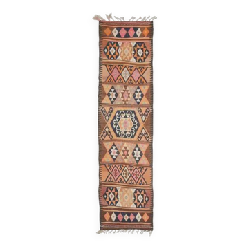 1970s Vintage Turkish Hand-Knotted Wool Cotton Brown Runner Rug 91x355