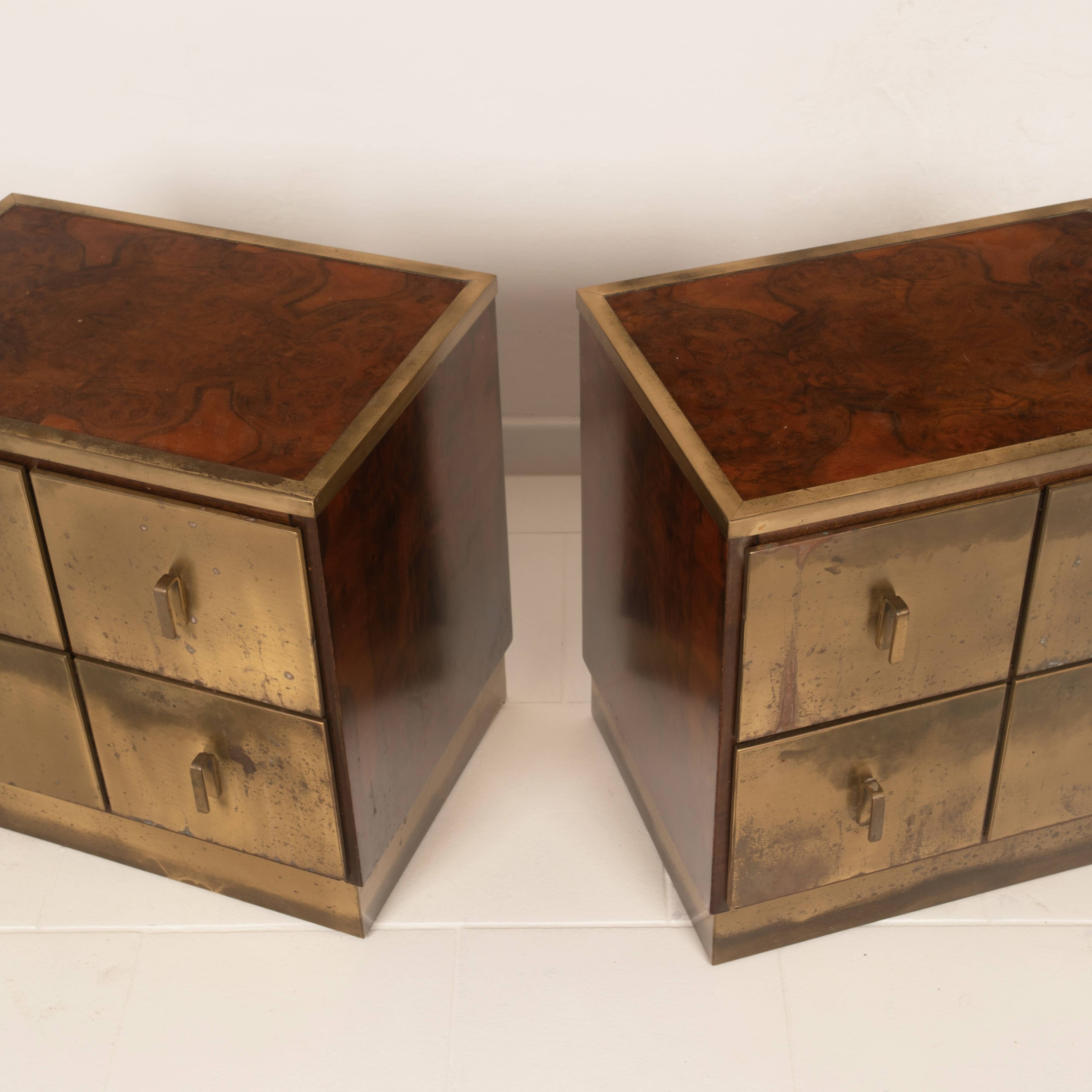 Aldo Frigerio Italian Walnut Burl and Gold-Laminated Brass Bagdad Nightstands