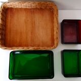 Set with appetizers, wicker tray and 3 colored glass ramekins