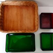 Set with appetizers, wicker tray and 3 colored glass ramekins